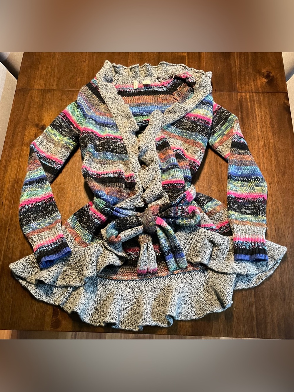 Moth by Anthropologie Rainbow Striped Wool Blend Ruffle Belted Cardigan S